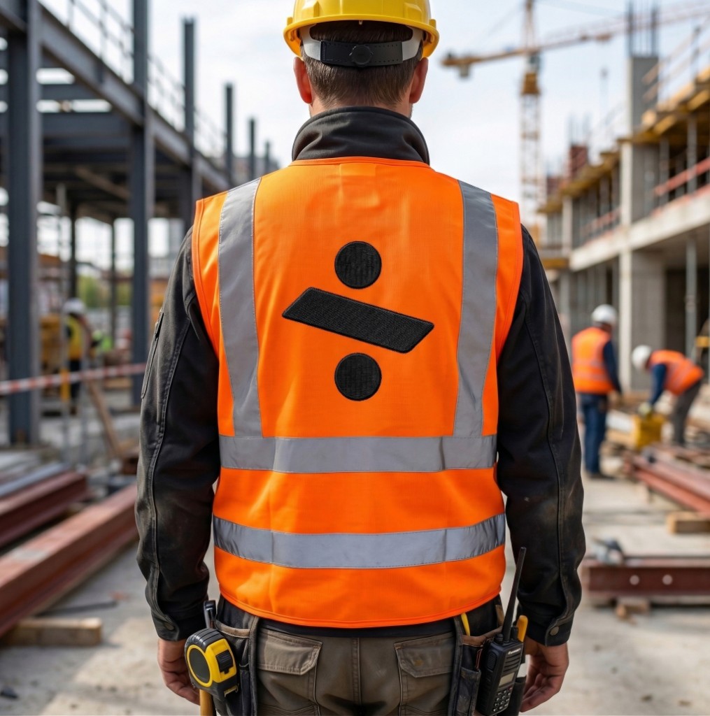 Construction worker in safety vest and hard hat at a building site